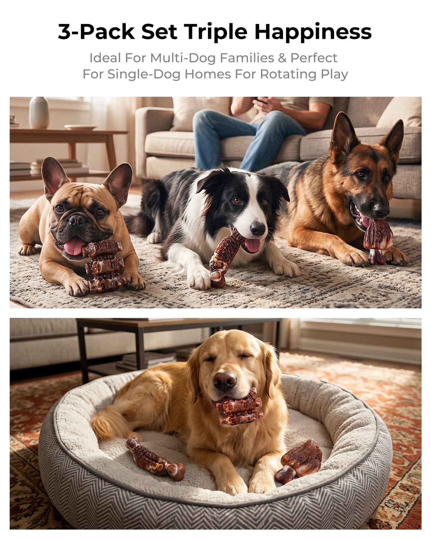 Kseroo 3-Pack Tough Dog Toys for Aggressive Chewers, 25–65 lbs Bacon Flavored Nylon Dog Toys for Medium/Large Dogs, Long Lasting Dog Chew Toys, Durable Dog Chew Bones, Reduce Destruction