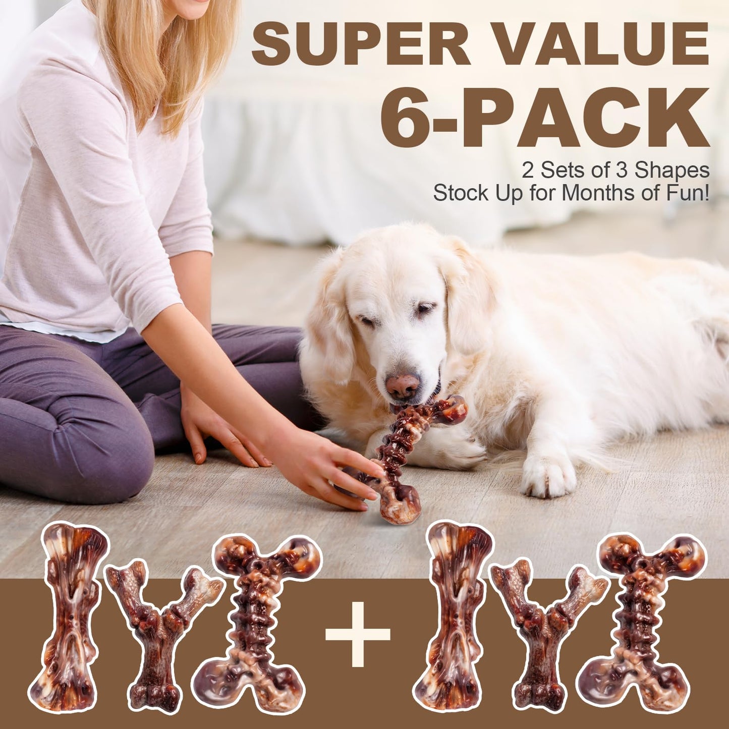 6-Pack Heavy Duty Nylon Dog Chew Toys for Medium Large Dogs – Bacon Flavor, Pure Nylon for Aggressive Chewers, Reduces Boredom, Varied Shapes for 25-90 lbs Breed Sizes