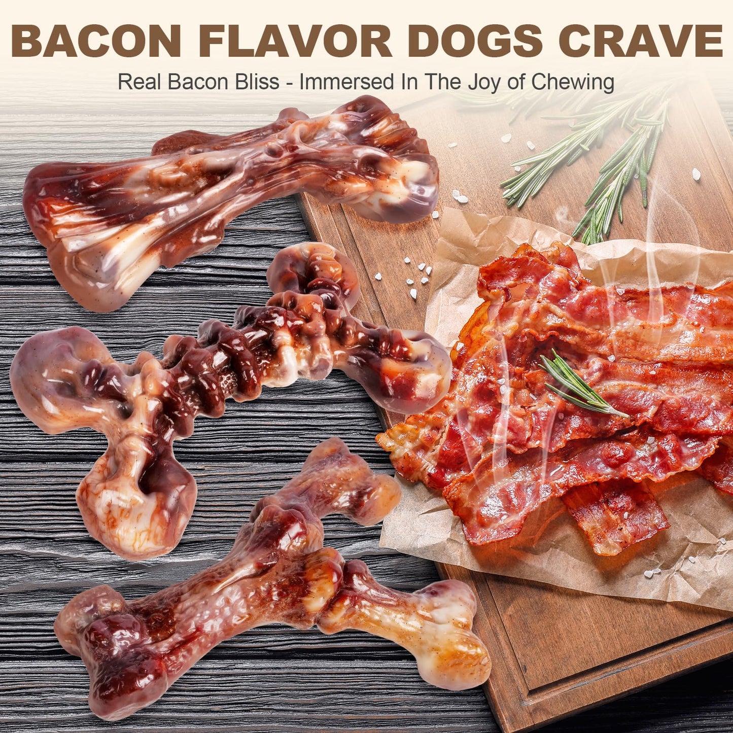 6-Pack Heavy Duty Nylon Dog Chew Toys for Medium Large Dogs – Bacon Flavor, Pure Nylon for Aggressive Chewers, Reduces Boredom, Varied Shapes for 25-90 lbs Breed Sizes